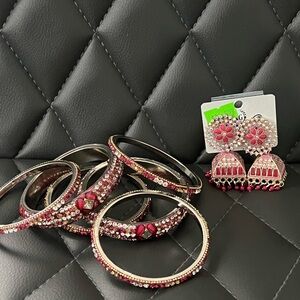 Elegant Pink and Silver Indian style Jewelry Set